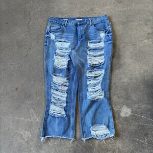 Hot Kiss Distressed Crop Jeans Size 16 Blue Pants Ankle Loose Stretch Denim